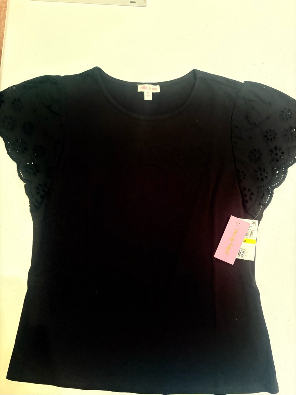 Riley & Rae Black Eyelet Flutter Sleeve Tee Top